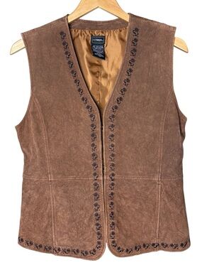 VTG Dark Brown Suede Leather Embroidered Vest Sz M Fairy Coachella Renaissance